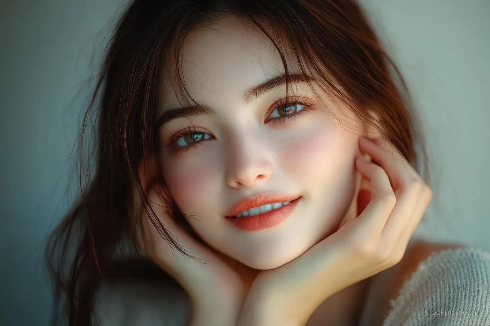 Young Asian woman touching her cheek with gentle smile in soft morning light, calm spa skincare portrait.