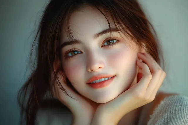 Young Asian woman touching her cheek in soft morning light, serene skincare spa portrait