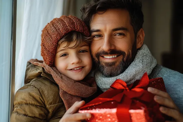 Smiling father hugs child indoors, holding a sparkling red bow gift near a window