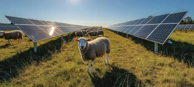 Sheep graze on green grass between rows of solar panels under a clear blue sky with sunlight glare.