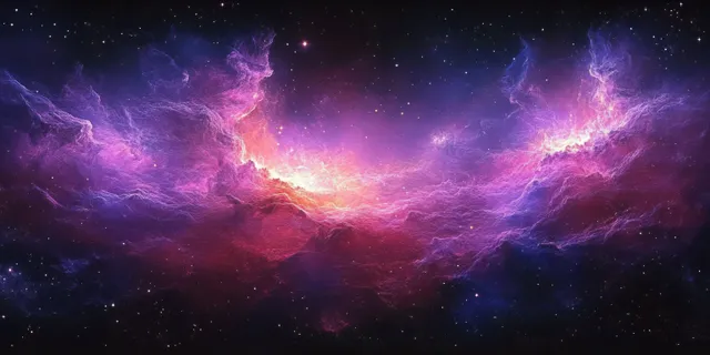 A panoramic cosmic nebula fills the frame with glowing purple and pink gas clouds and scattered stars in dark space.