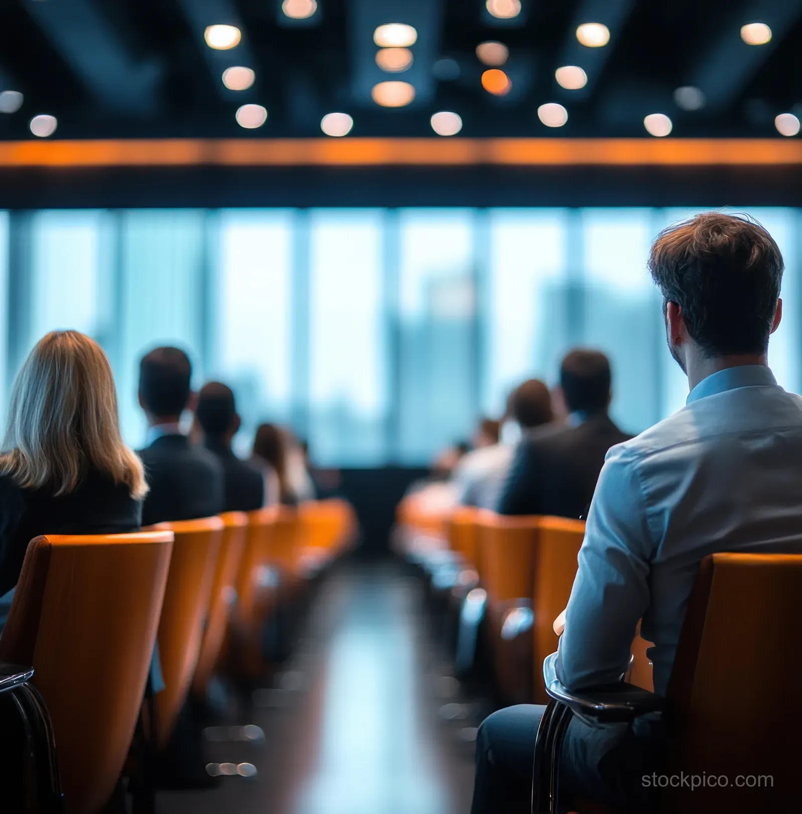 An attendee sits facing a panel discussion while speakers and audience sit in rows under ceiling lights.