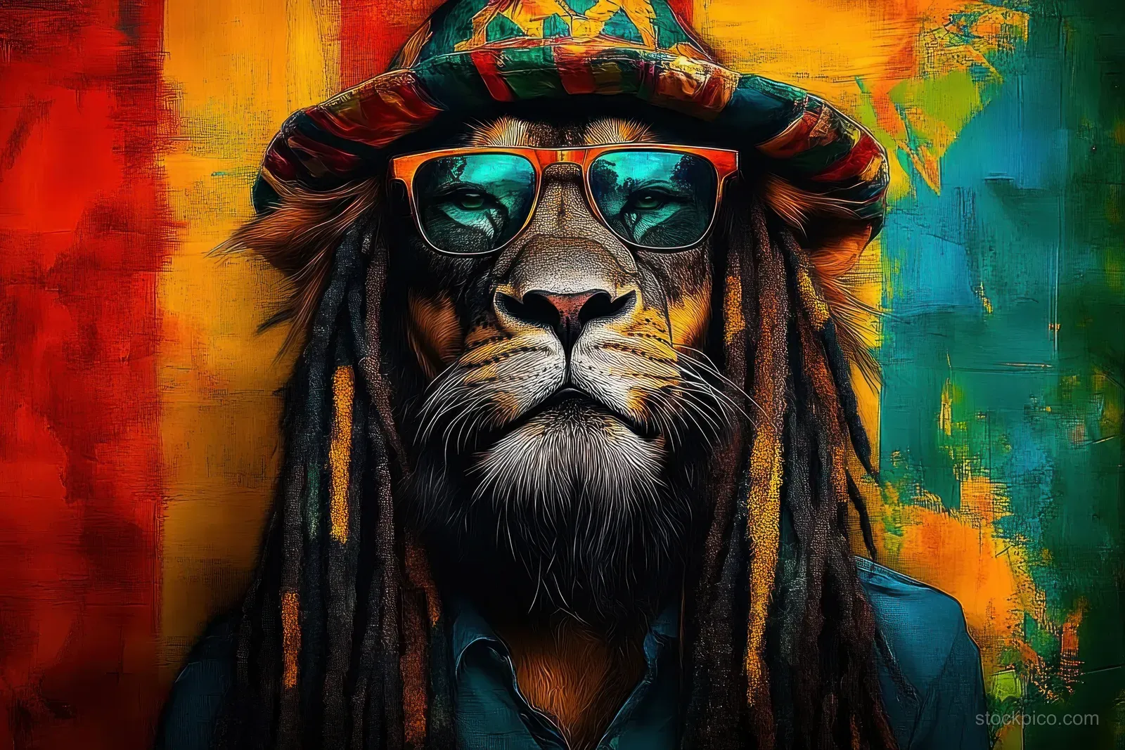 Lion with dreadlocks, sunglasses, and a colorful hat against a vivid abstract background.