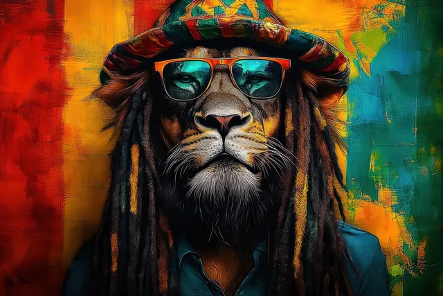 Lion with dreadlocks and sunglasses against vibrant abstract colors