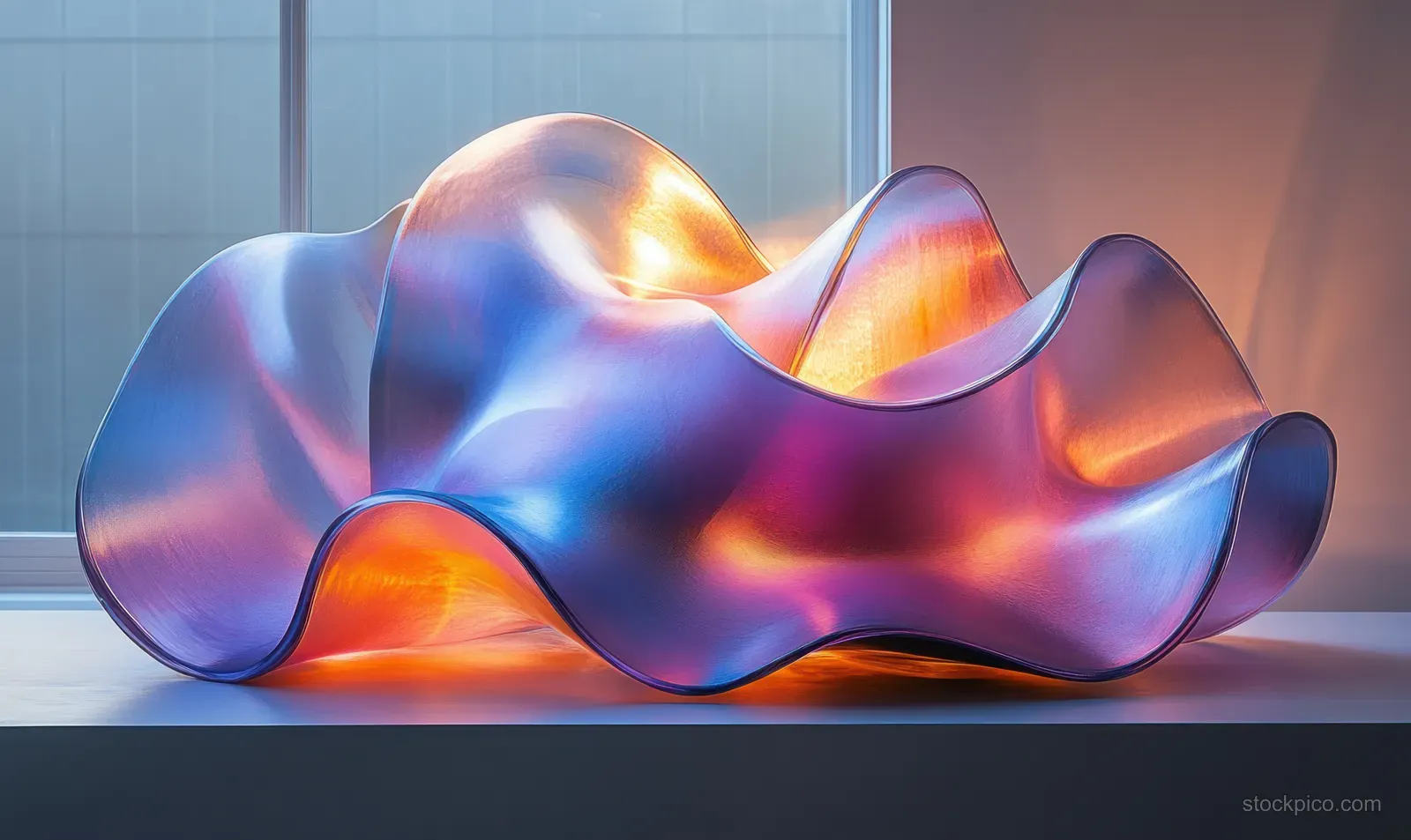 An iridescent ribbon-like abstract sculpture with smooth curves glows in blue and orange light on a surface.