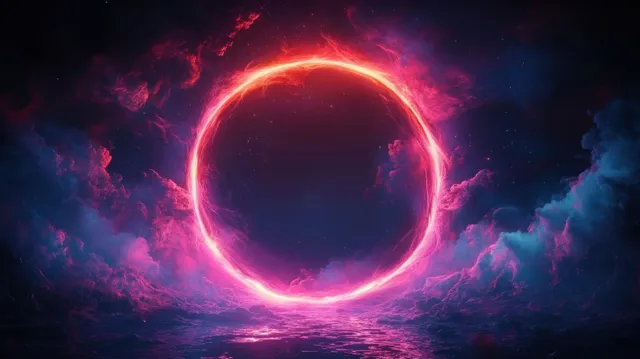 Luminous pink-blue portal opening through a dark nebula, swirling energy arcs