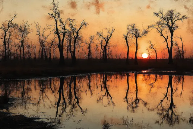 Sunset Behind Bare Trees Reflected in Calm Water