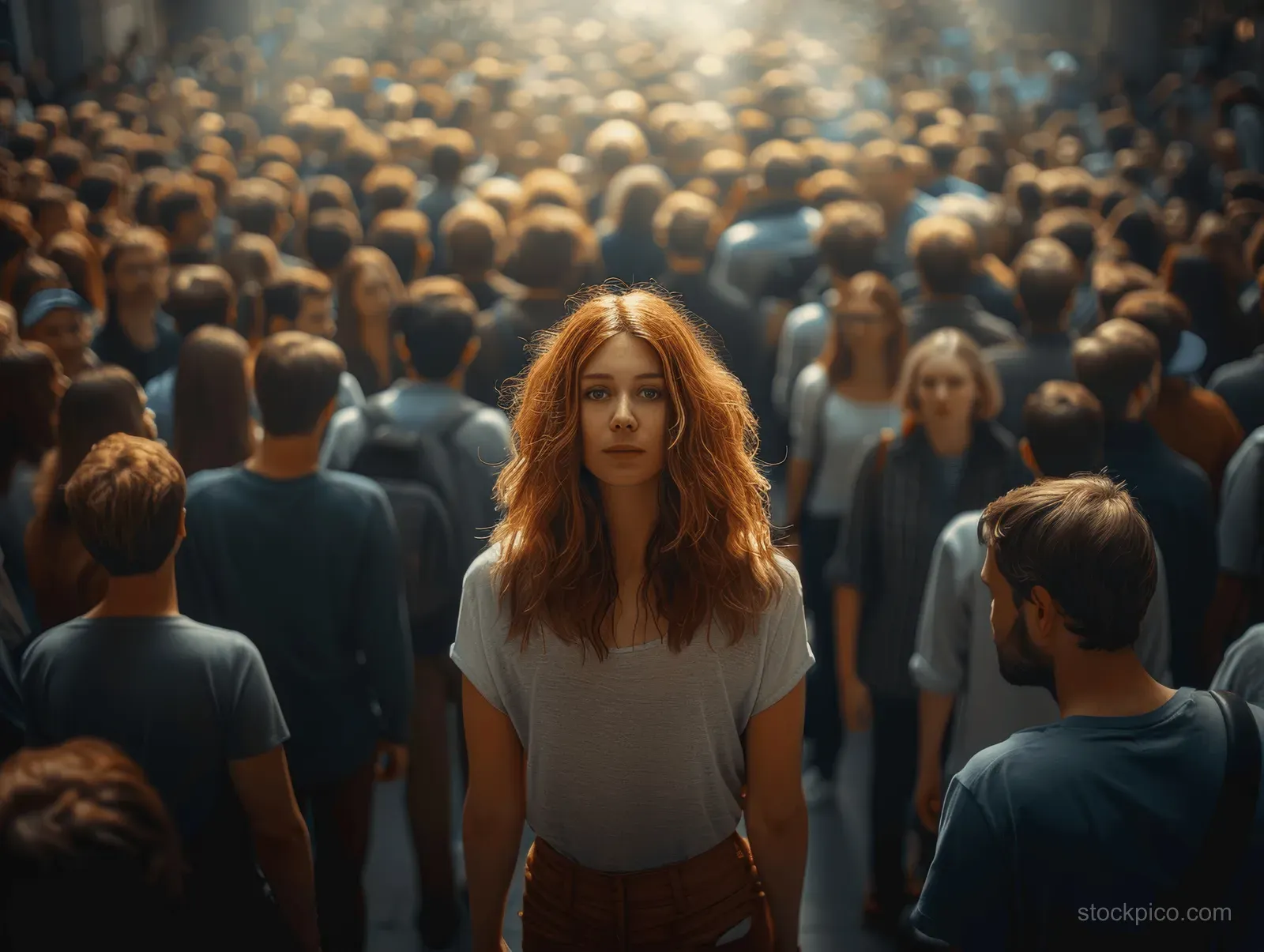 Businesswoman stands in the foreground of a crowded city street as people blur in the background under dramatic backlight.