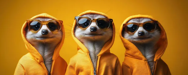 Three meerkats wearing orange hoodies and sunglasses stand in a row on a bright yellow background.