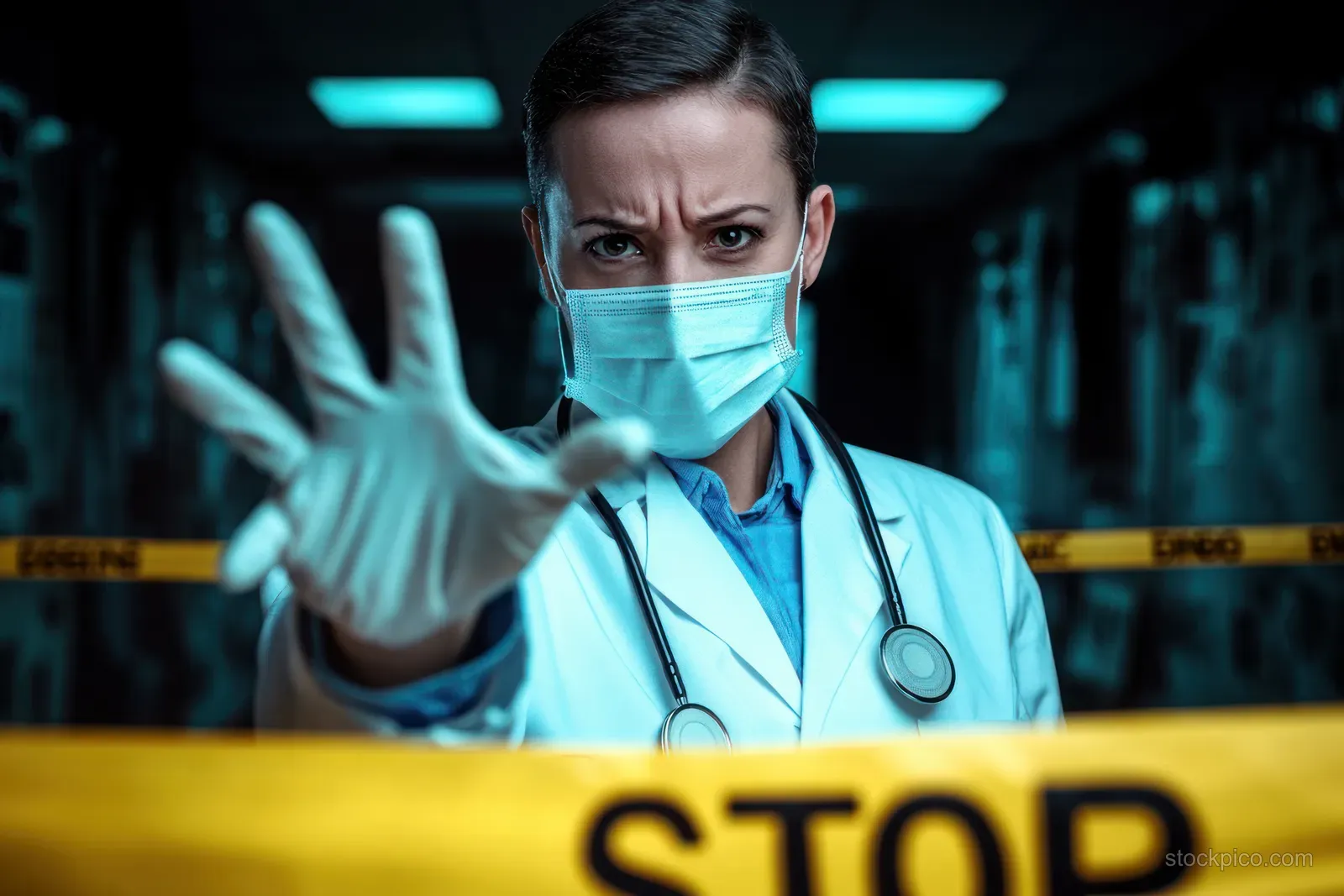 Masked doctor raises a hand next to yellow quarantine tape and a stop warning sign in a dark hallway.