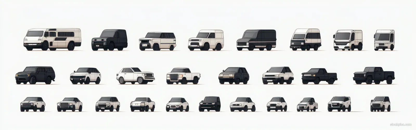 A grid of black-and-white side-view illustrations of cars and vans on a white background.