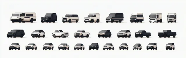 A grid of black-and-white side-view illustrations of cars and vans on a white background.