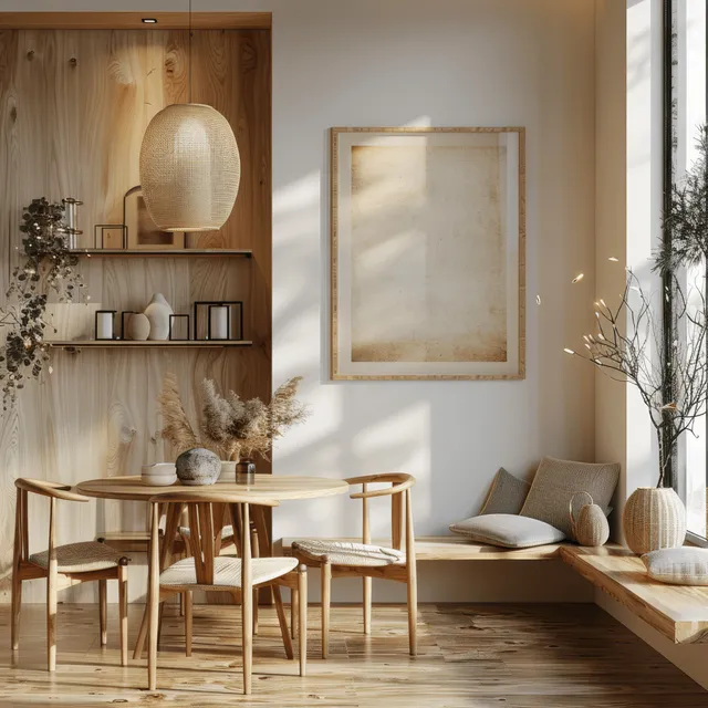 Scandinavian dining room with wooden table, chairs, and a blank poster frame on a beige wall.