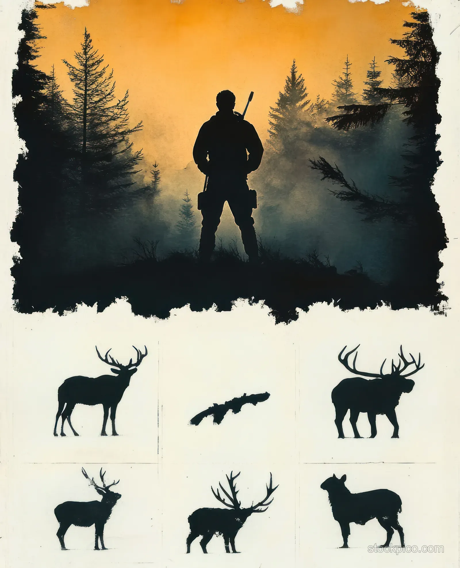 Hunter silhouette in a misty forest with cutout animal silhouettes arranged below as targets.