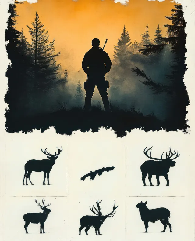 Hunter silhouette in a misty forest with cutout animal silhouettes arranged below as targets.