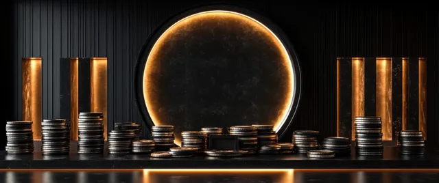 Black and gold casino chip stacks arranged on a pedestal with a glowing circular ring on a dark background.