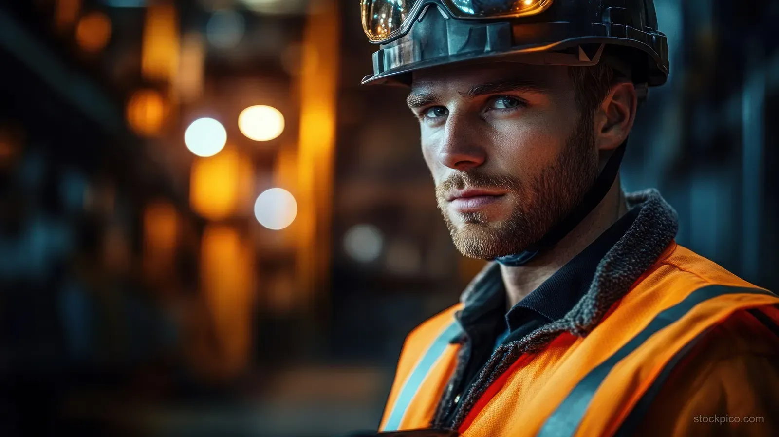 An industrial worker in orange safety gear uses a tablet inside a dim smart factory with glowing equipment lights.