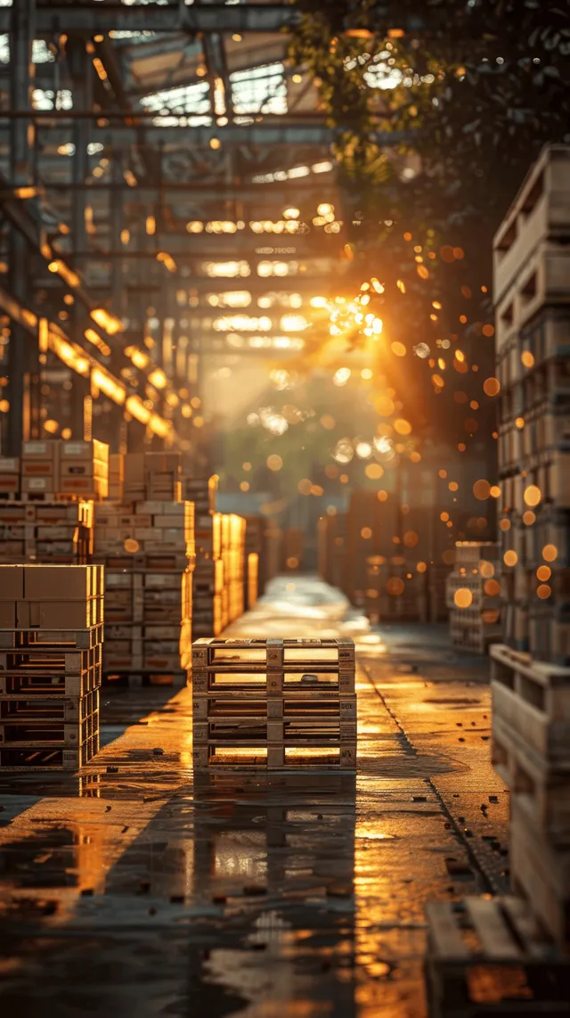Sunlit retail warehouse aisle with pallets and forklifts moving stacked cartons
