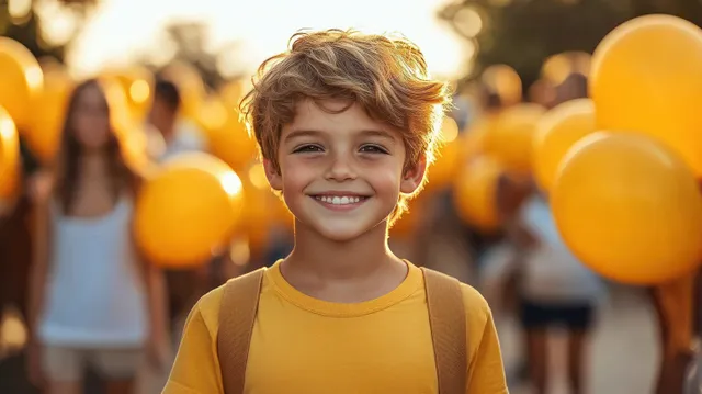 Smiling boy in yellow shirt holding backpack, surrounded by crowd with bright yellow balloons