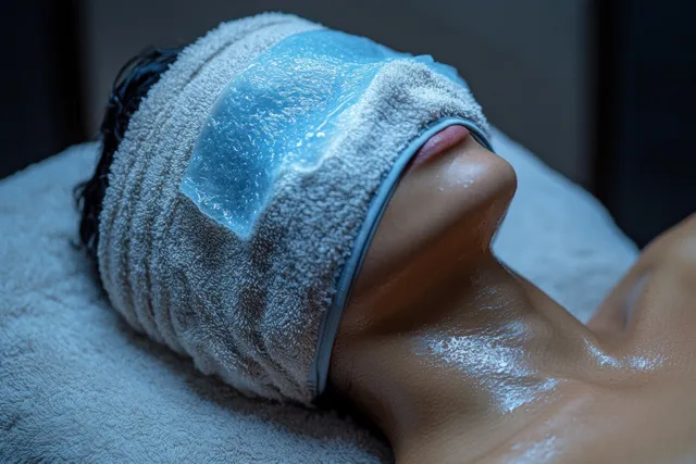 Relaxing person rests with chilled gel face mask compress, towel wrapped, soft spa lighting