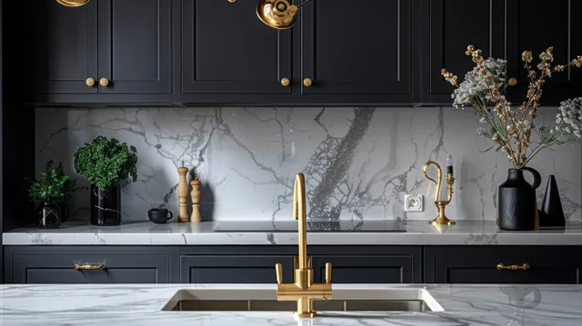 Black kitchen cabinetry with white marble backsplash and a golden faucet over a countertop sink.
