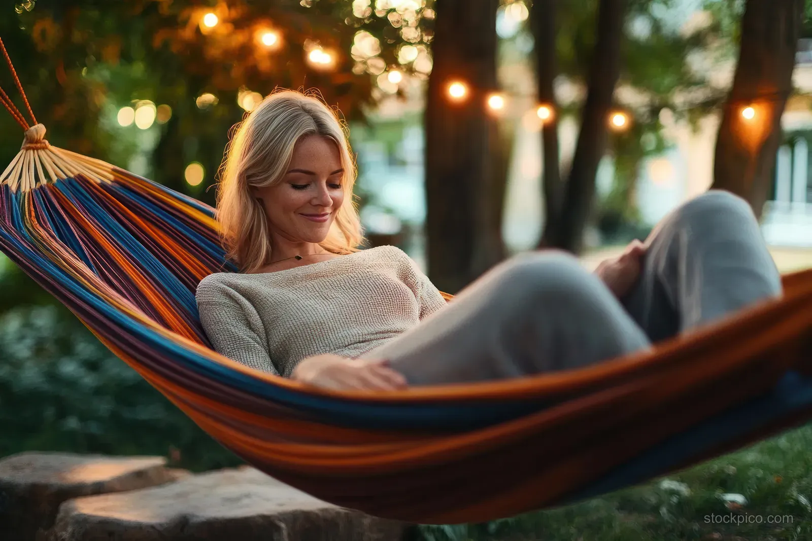A woman smiles while relaxing in a hammock and using a smartphone outdoors on a sunny terrace.