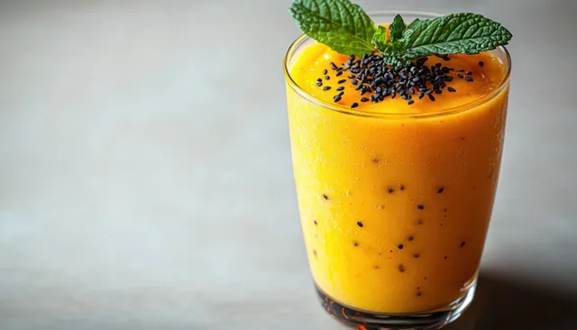 Clear glass of mango smoothie topped with black sesame seeds and mint leaves on a neutral background.