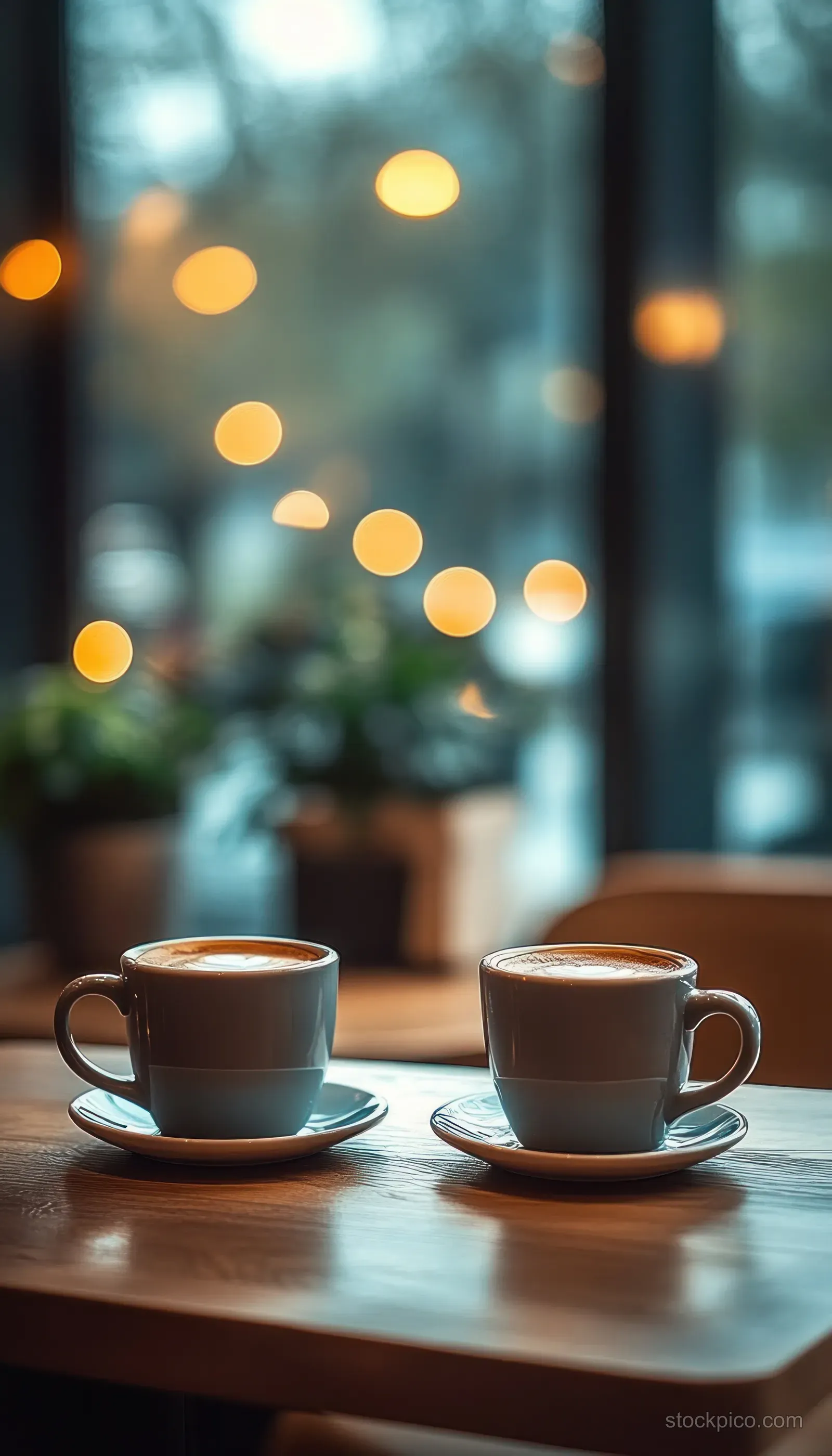 Two coffee cups on saucers sit on a wooden table in a cozy cafe with warm blurred lights behind them.