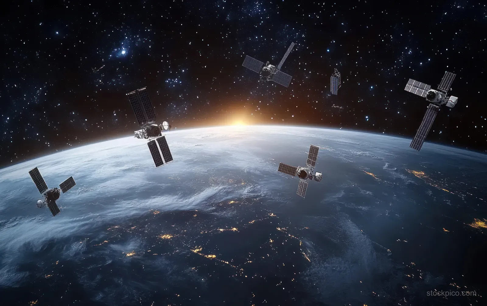 Satellites orbit Earth above a glowing horizon in deep space.