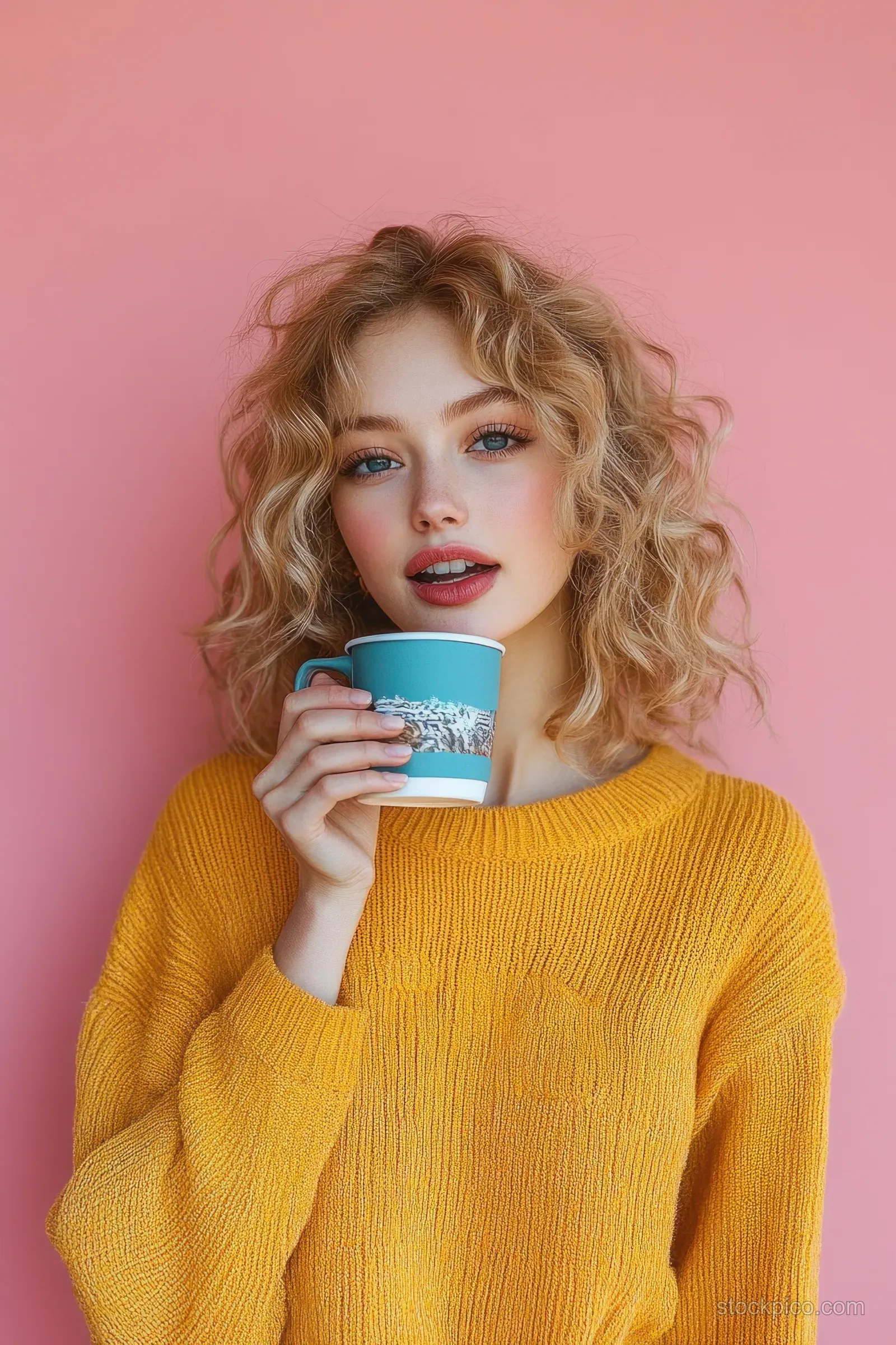 Smiling young woman with curly blonde hair in a yellow sweater holding a blue coffee cup against a pink background.