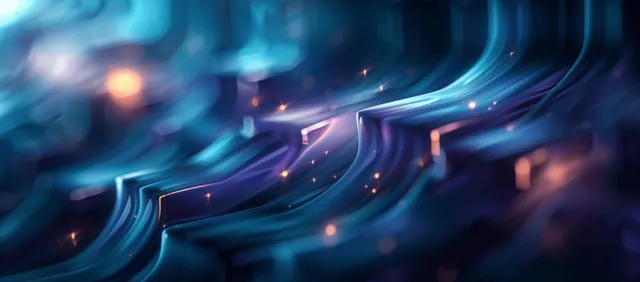 Futuristic blue digital tunnel with glowing geometric lines and cinematic light flares
