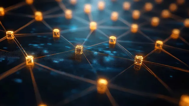 Glowing interconnected network nodes on a dark digital grid with blue connections and orange light accents.