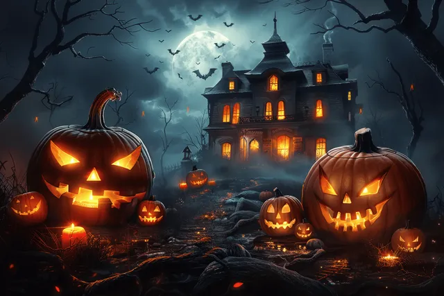 A haunted house glows with lit jack-o'-lanterns in the yard under a bright full moon.