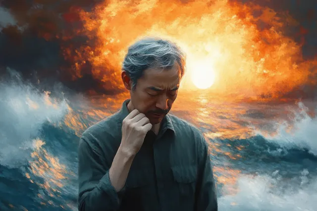 A gray-haired man stands beside crashing ocean waves at sunset, looking pensive under a fiery sky.