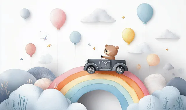A teddy bear drives a vintage car on a rainbow above pastel mountain clouds and balloons.