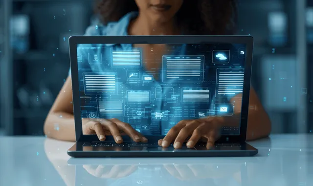 Businesswoman manages digital documents on laptop with networked database screens