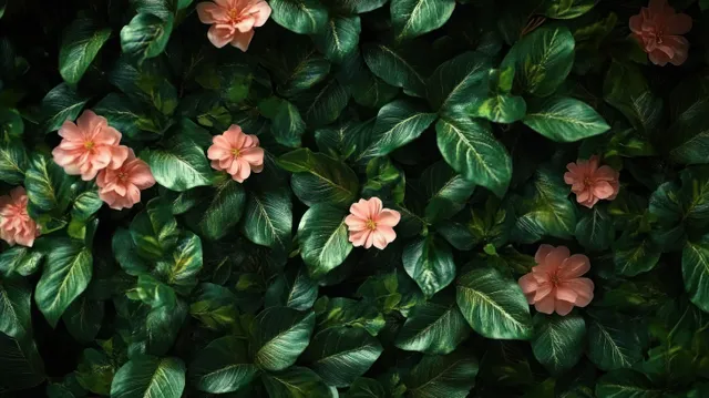 Pink camellia-style blossoms nestled among dense dark green leaves in close-up