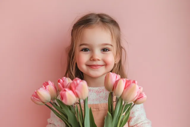 Smiling little girl holding tulip bouquet on pink background