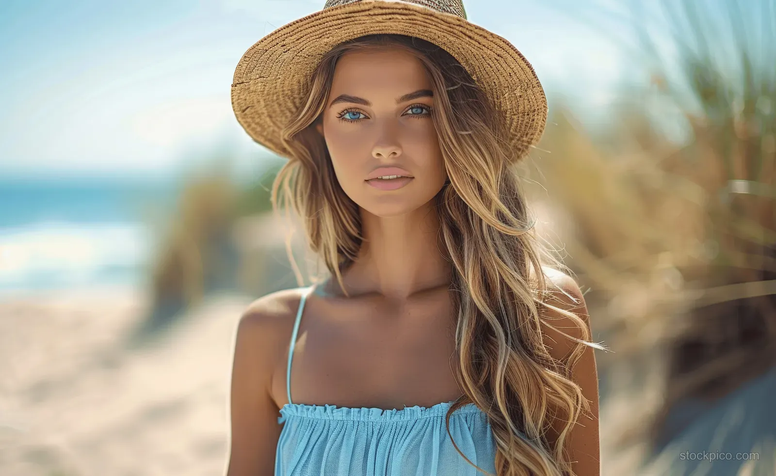 Blonde woman wearing a straw hat and blue dress posing on a sunny beach with the ocean in the background.