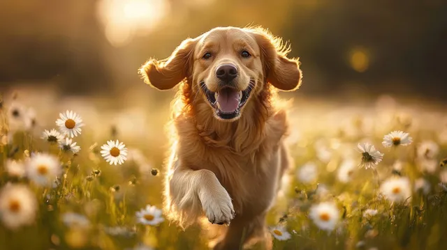 Golden retriever running through a sunlit white daisy field with warm glowing bokeh behind it.