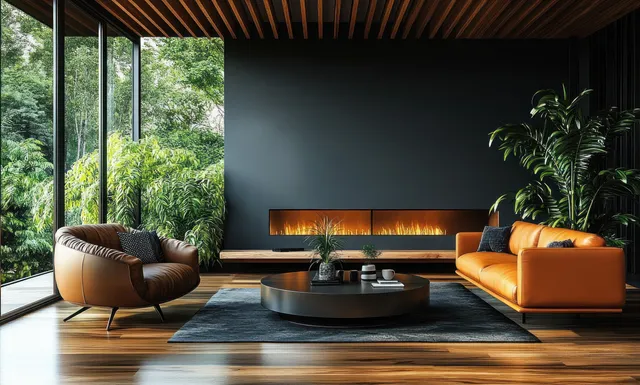 Scandinavian living room with leather sofa, wood ceiling slats, and large window greenery view