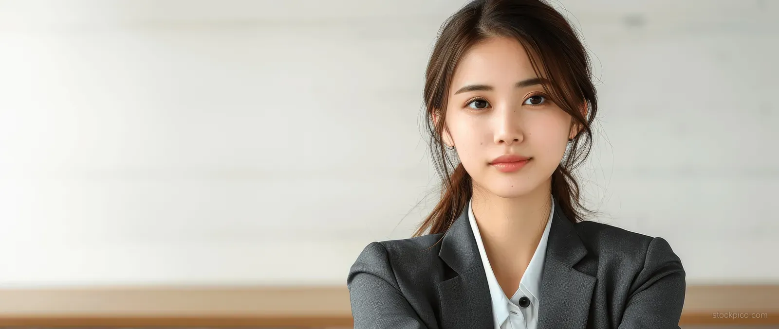 A young Japanese businesswoman in a suit stands with arms crossed, reflecting on a clean white background.