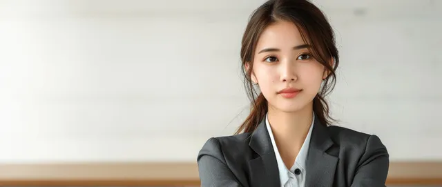 A young Japanese businesswoman in a suit stands with arms crossed, reflecting on a clean white background.