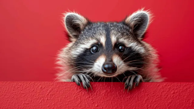 A raccoon peeks over a red wall, its masked face and whiskers visible against a solid red background.