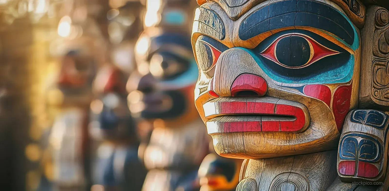 Painted wooden totem pole face stands in Ketchikan with warm sunlight and blurred background.