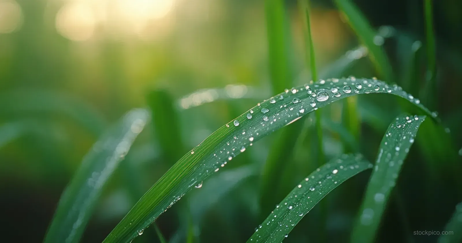 Macro close-up of green grass blades beaded with dew, sparkling in soft morning light.