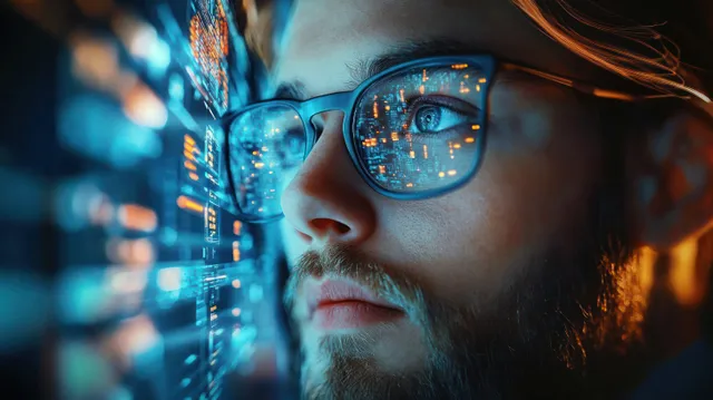 Man with glasses analyzing a holographic data interface with blue-orange reflections