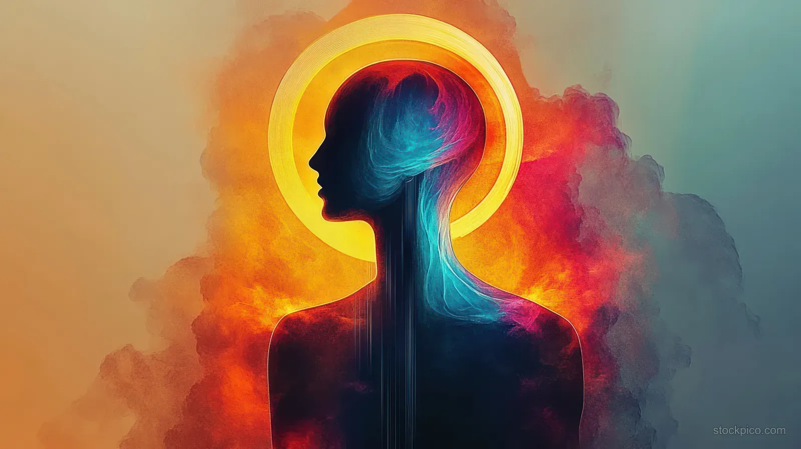 Faceless meditating figure silhouette with a luminous halo aura surrounded by swirling colorful smoke.