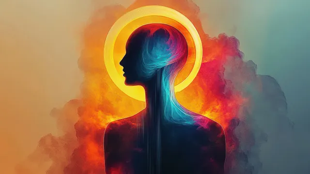 Faceless meditating silhouette with glowing halo aura amid swirling colorful smoke clouds