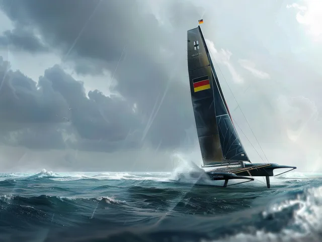 A German 49er FX sailboat sails through rough waves with spray as dramatic clouds loom overhead.
